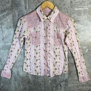 Pink floral long sleeve button up‎ shirt rhinestone detailing Kids XL western